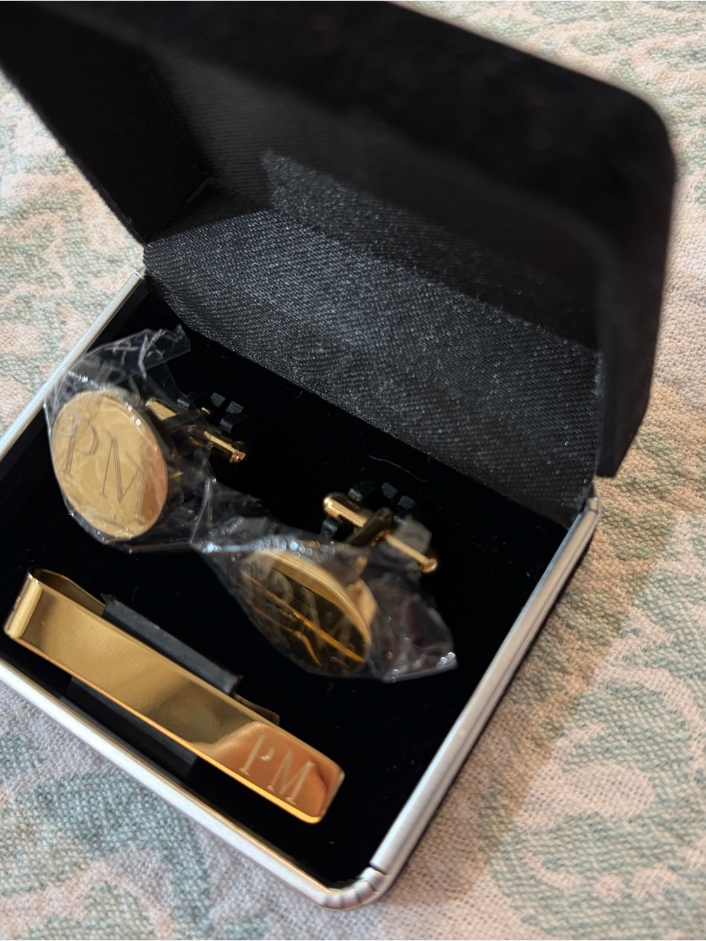 Gold Round Cufflinks and Tie Clip Set - Initials PM